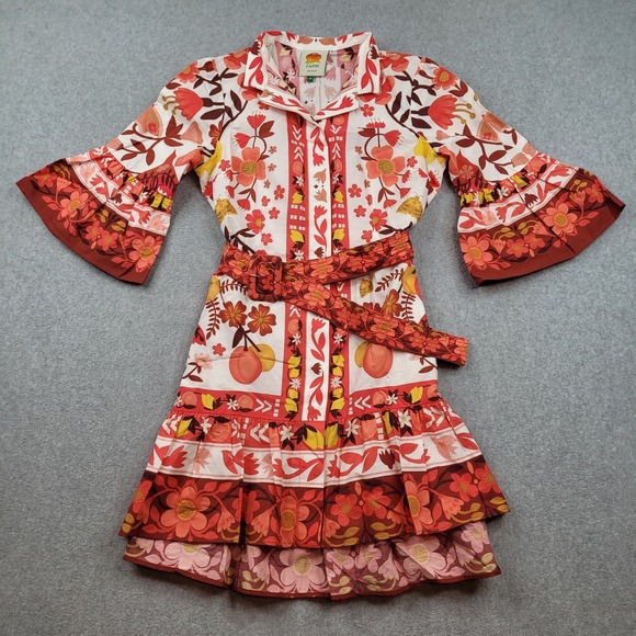 FARM Rio Dresses & Skirts - Farm Rio Mini Dress Womens XS Red Floral‎ Belted Bell Sleeve 317805 Cotton